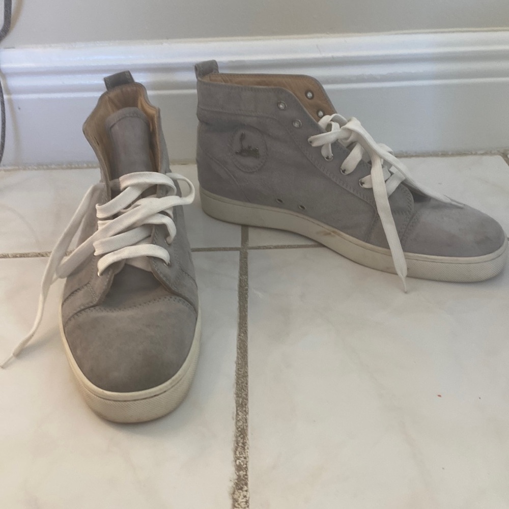 Midtop Men’s Christian Louboutin Size 45 Suede Sneakers Grey with White Laces